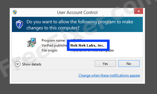 Screenshot where Nok Nok Labs, Inc. appears as the verified publisher in the UAC dialog